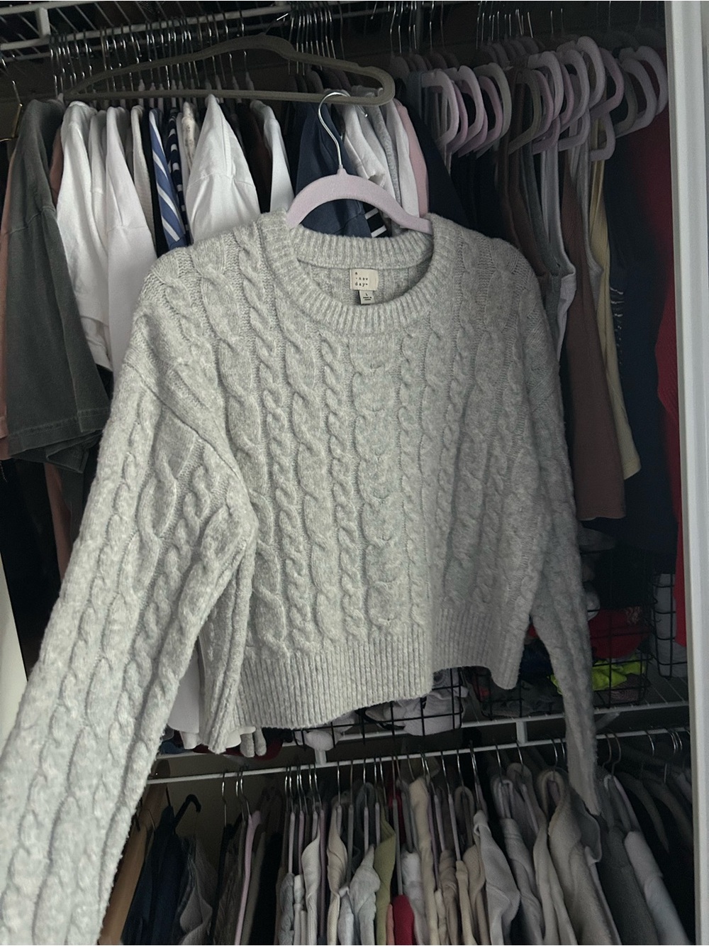 a new day Light Gray Cable Knit Cropped Crew Sweater